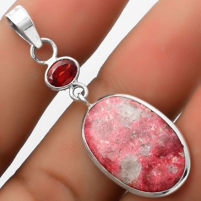 Natural Pink Thulite - Norway & Garnet Pendant SDP115067 P-1098, 14x22 mm