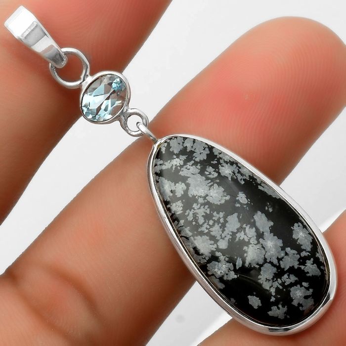 Snow Flake Obsidian & Sky Blue Topaz Pendant SDP115094 P-1098, 13x29 mm