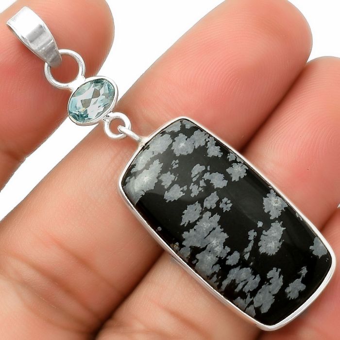 Snow Flake Obsidian & Sky Blue Topaz Pendant SDP115150 P-1098, 15x29 mm