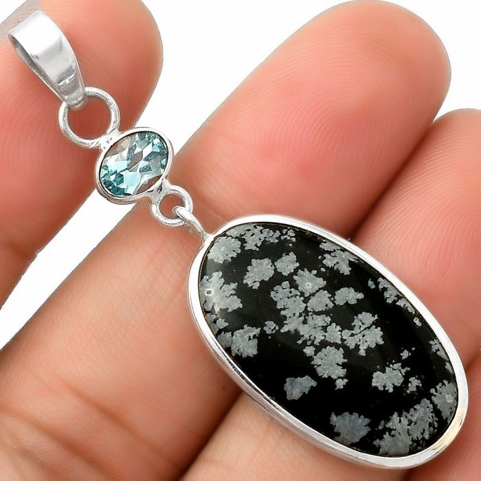 Snow Flake Obsidian & Sky Blue Topaz Pendant SDP115236 P-1098, 14x26 mm