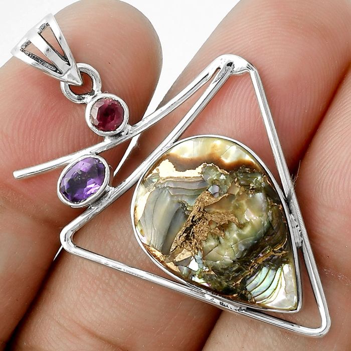 Copper Abalone Shell, Amethyst & Garnet Pendant SDP115419 P-1025, 15x21 mm