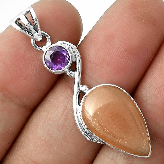 Natural Sunstone - Namibia & Amethyst Pendant SDP115471 P-1026, 11x19 mm