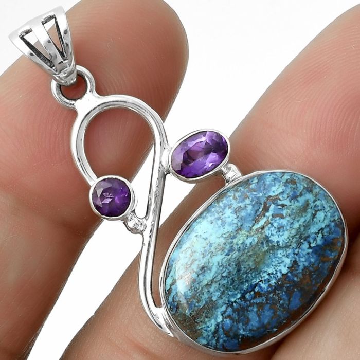 Natural Shattuckite - USA & Amethyst Pendant SDP115517 P-1027, 14x19 mm