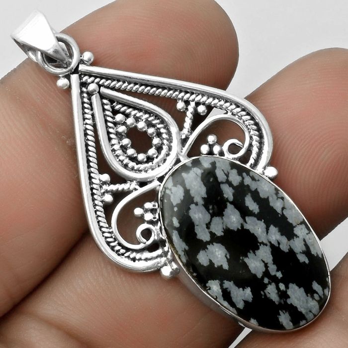 Natural Snow Flake Obsidian Pendant SDP115783 P-1541, 14x22 mm