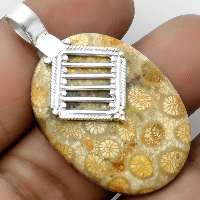 Natural Flower Fossil Coral Pendant SDP115795 P-1462, 26x35 mm