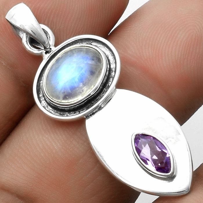 Rainbow Moonstone - India & Amethyst Pendant SDP115820 P-1186, 8x10 mm