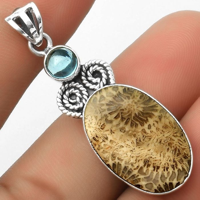 Flower Fossil Coral & London Blue Topaz Pendant SDP116891 P-1093, 14x23 mm