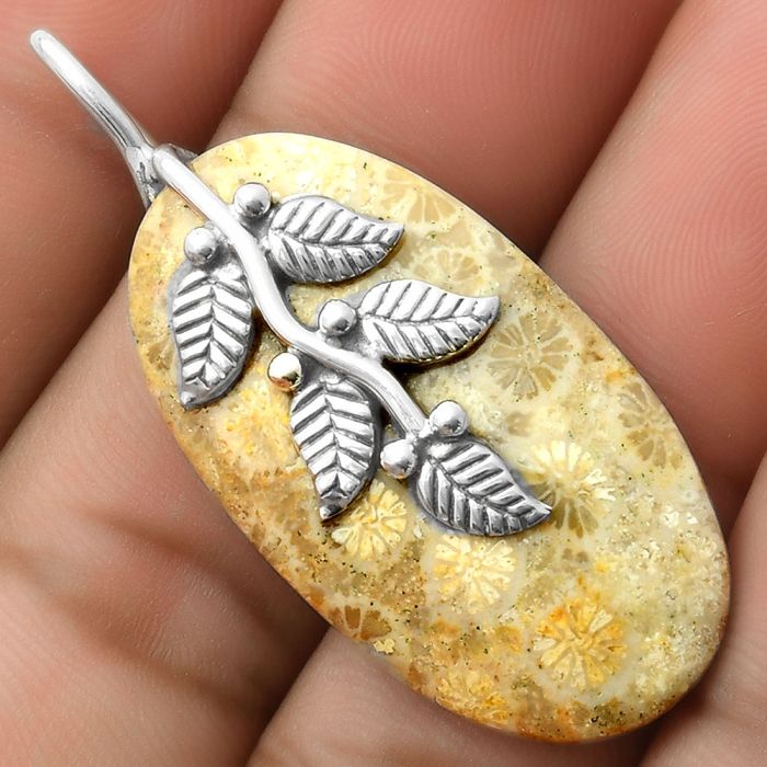 Leaves - Natural Flower Fossil Coral Pendant SDP117250 P-1291, 20x36 mm