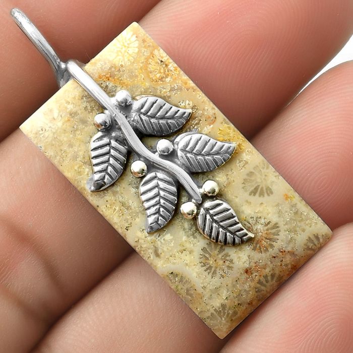 Leaves - Natural Flower Fossil Coral Pendant SDP117268 P-1291, 17x32 mm