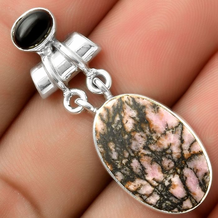 Natural Rhodonite & Black Onyx Pendant SDP117648 P-1276, 13x20 mm