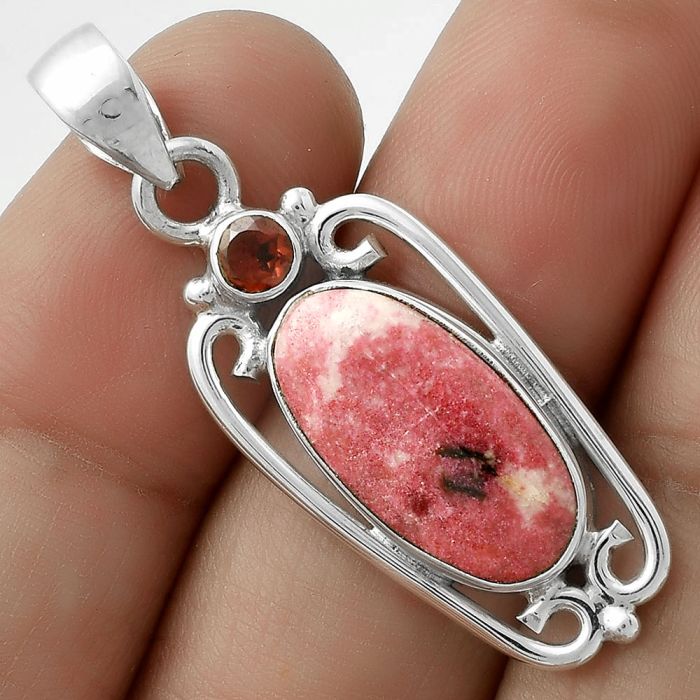 Natural Pink Thulite - Norway & Garnet Pendant SDP117677 P-1623, 10x18 mm