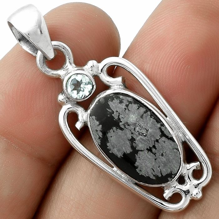 Snow Flake Obsidian & Sky Blue Topaz Pendant SDP117682 P-1623, 10x16 mm