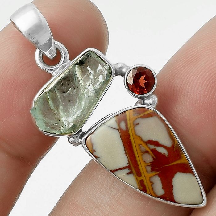 Noreena Jasper, Aquamarine Rough & Garnet Pendant SDP118092 P-1203, 10x18 mm