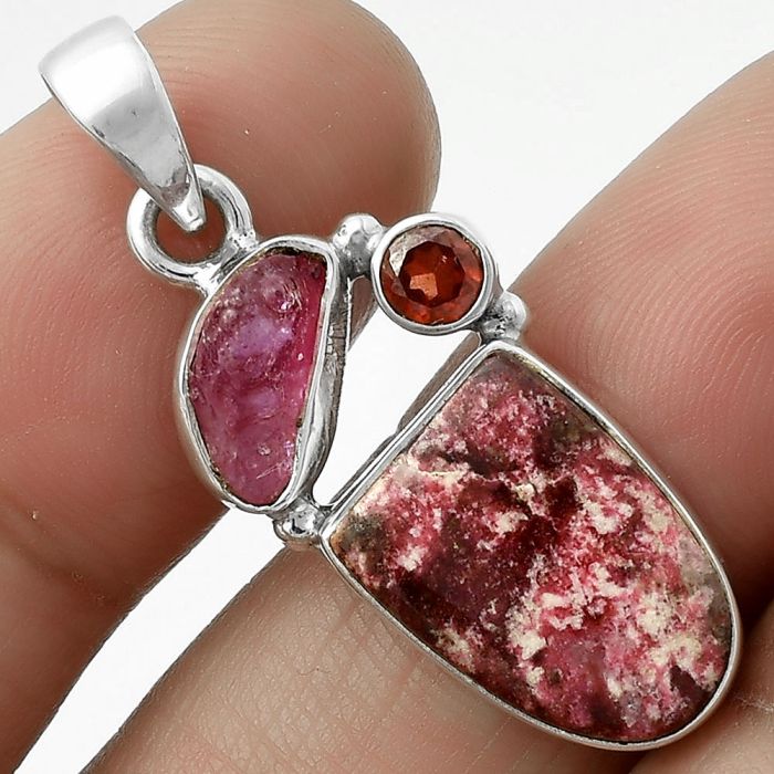 Pink Thulite, Pink Tourmaline Rough & Garnet Pendant SDP118094 P-1203, 11x15 mm