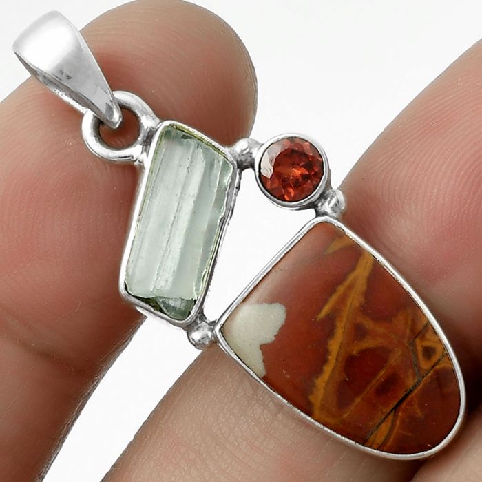 Noreena Jasper, Aquamarine Rough & Garnet Pendant SDP118123 P-1203, 11x16 mm