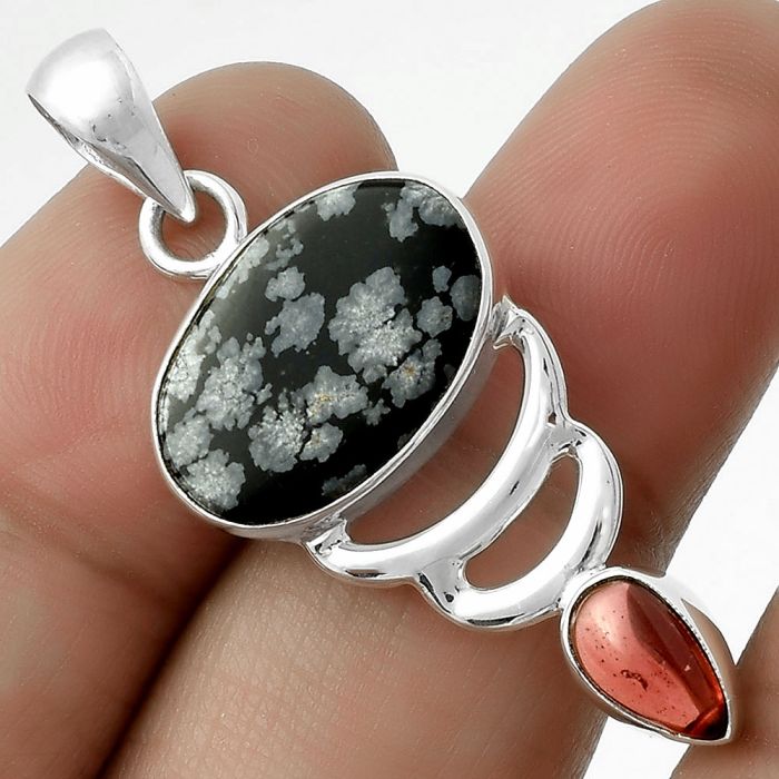 Natural Snow Flake Obsidian & Garnet Pendant SDP118137 P-1693, 11x17 mm