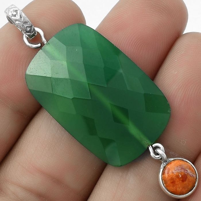 Faceted Green Onyx & Red Sponge Coral Pendant SDP118500 P-1098, 19x29 mm