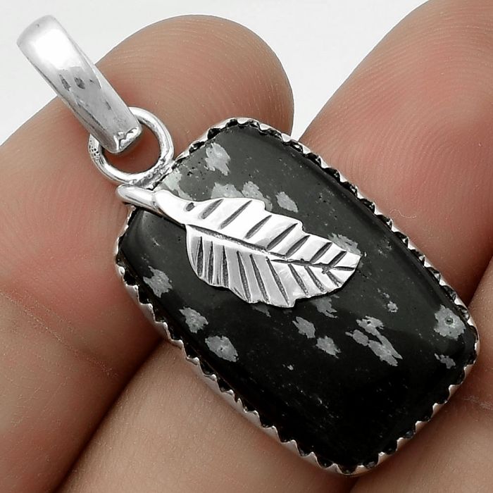 Leaf - Natural Snow Flake Obsidian Pendant SDP118506 P-1641, 15x23 mm