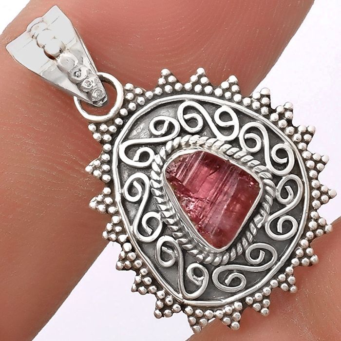 Filigree - Pink Tourmaline Rough Pendant SDP118660 P-1214, 6x8 mm