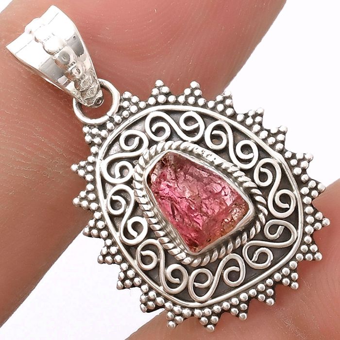 Filigree - Pink Tourmaline Rough Pendant SDP118675 P-1214, 6x9 mm