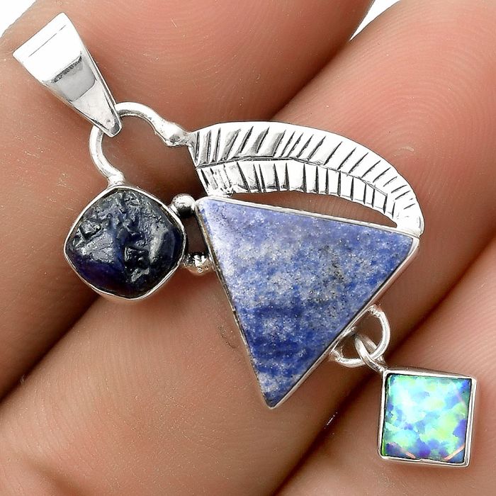 Dumortierite Quartz, Blue Sapphire Rough & Fire Opal Pendant SDP118753 P-1414, 14x14 mm