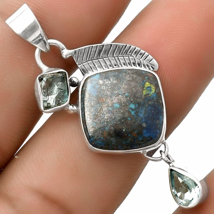 Shattuckite, Aqua Apatite Rough & Sky Blue Topaz Pendant SDP118763 P-1414, 14x14 mm