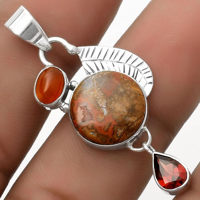 Rare Cady Mountain Agate, Carnelian & Garnet Pendant SDP118767 P-1414, 13x13 mm