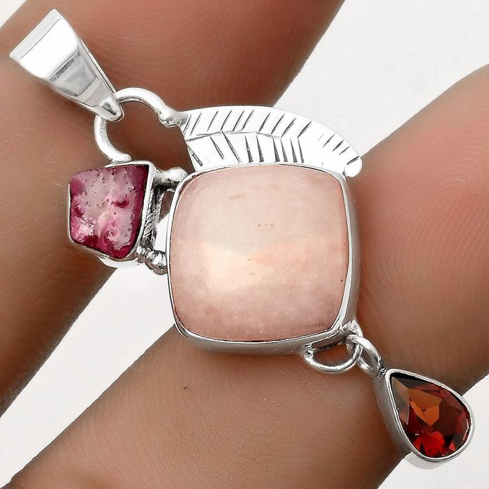 Pink Scolecite, Pink Tourmaline Rough & Garnet Pendant SDP118775 P-1414, 13x13 mm