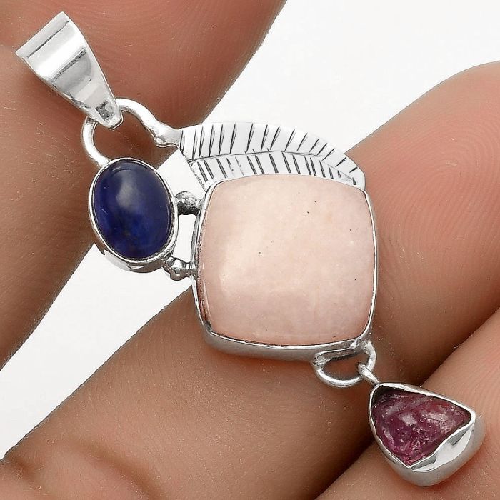 Pink Scolecite, Blue Sapphire & Pink Tourmaline Rough Pendant SDP118776 P-1414, 13x13 mm