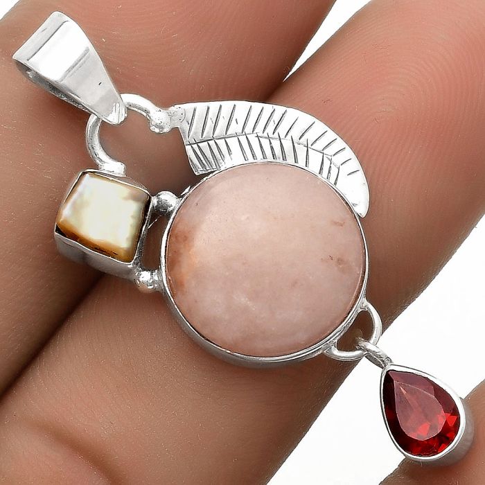 Natural Pink Scolecite, Pearl & Garnet Pendant SDP118778 P-1414, 14x14 mm