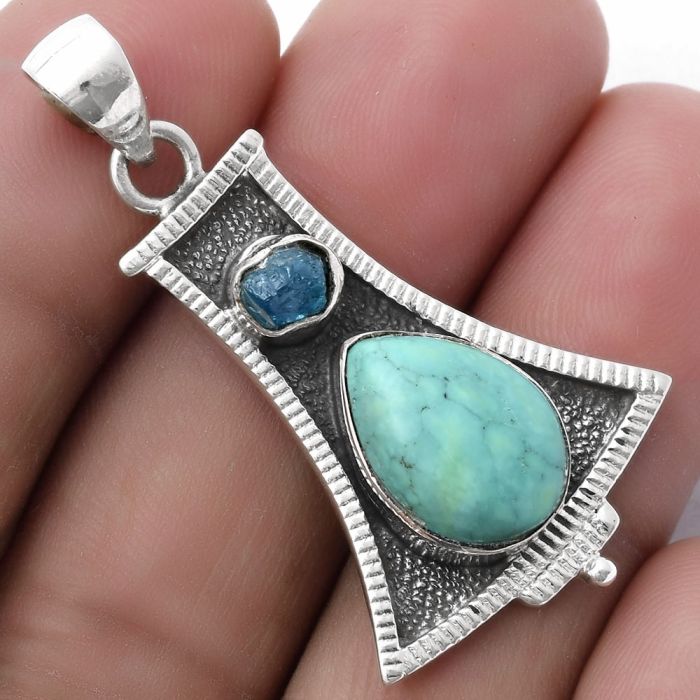 Turquoise Magnesite & Neon Blue Apatite Pendant SDP119485 P-1450, 10x14 mm