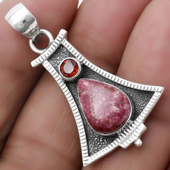 Natural Pink Thulite - Norway & Garnet Pendant SDP119502 P-1450, 9x13 mm