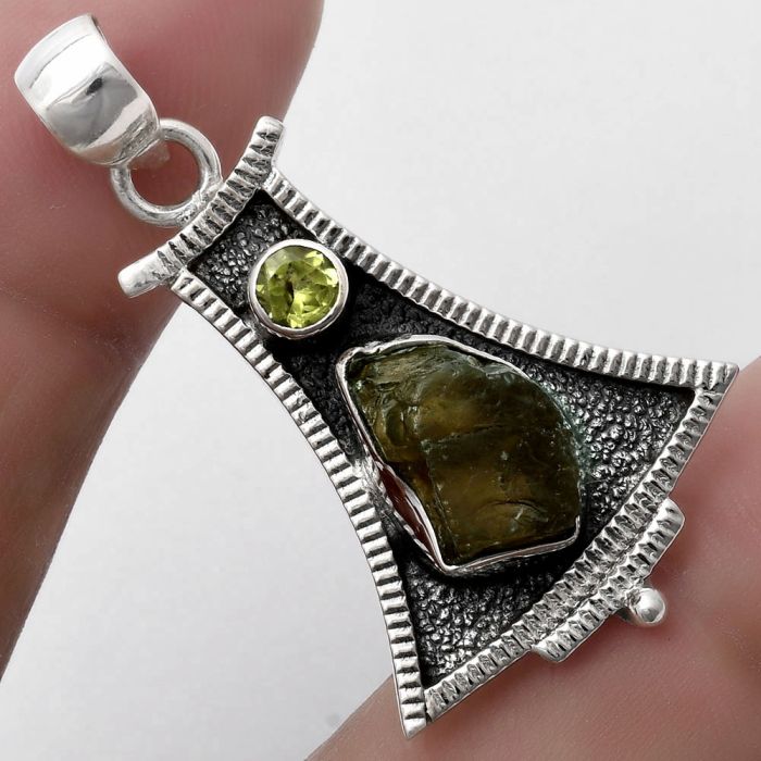 Rare Kornerupine Rough & Peridot Pendant SDP119523 P-1450, 8x12 mm