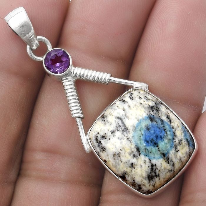 K2 Blue - Azurite In Quartz & Amethyst Pendant SDP119537 P-1600, 17x19 mm