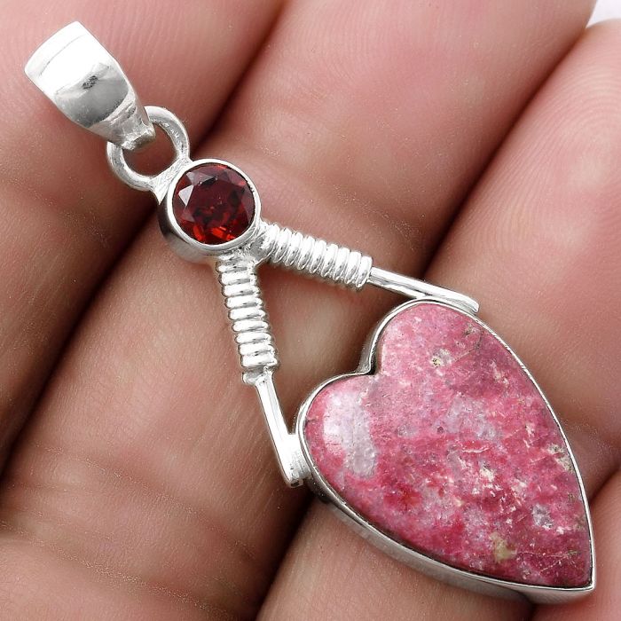 Valentine Gift Heart Pink Thulite - Norway & Garnet Pendant SDP119565 P-1600, 13x19 mm