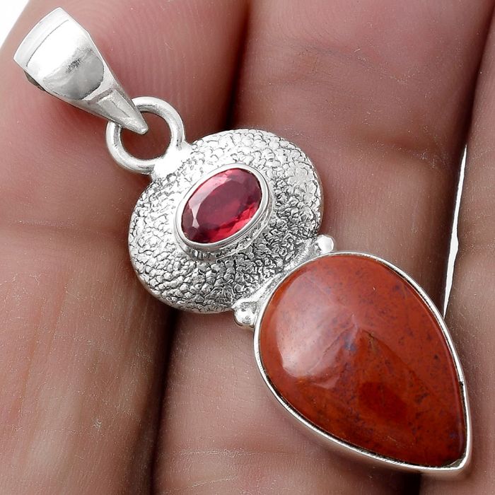 Natural Red Moss Agate & Garnet Pendant SDP119691 P-1676, 11x16 mm