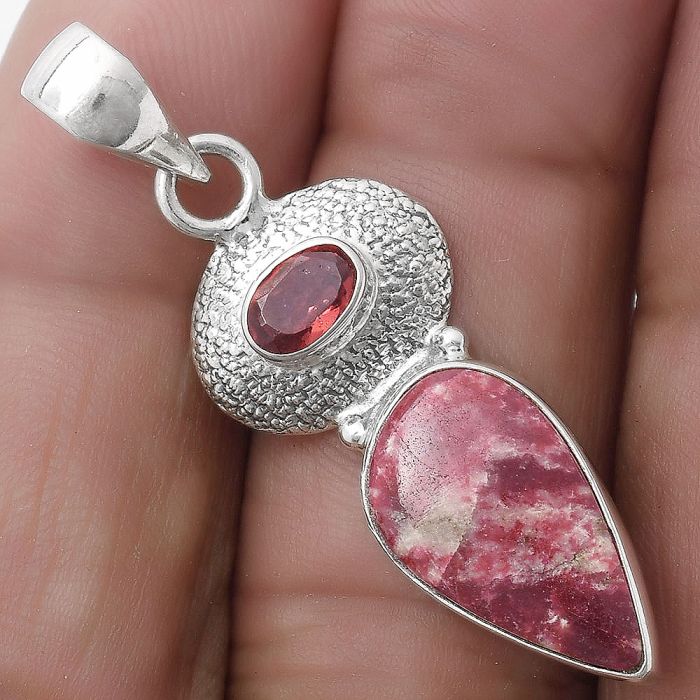 Natural Pink Thulite - Norway & Garnet Pendant SDP119698 P-1676, 9x17 mm