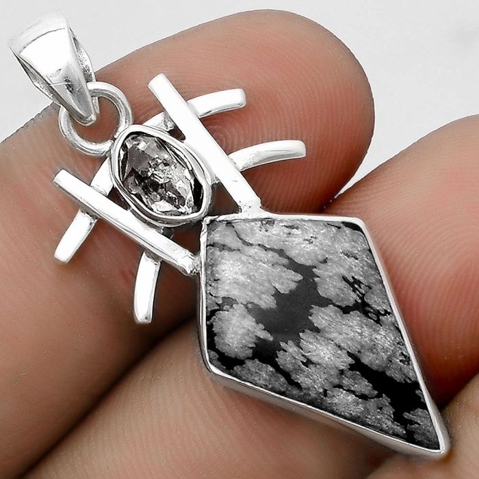 Snow Flake Obsidian & Herkimer Diamond Pendant SDP120353 P-1046, 14x22 mm