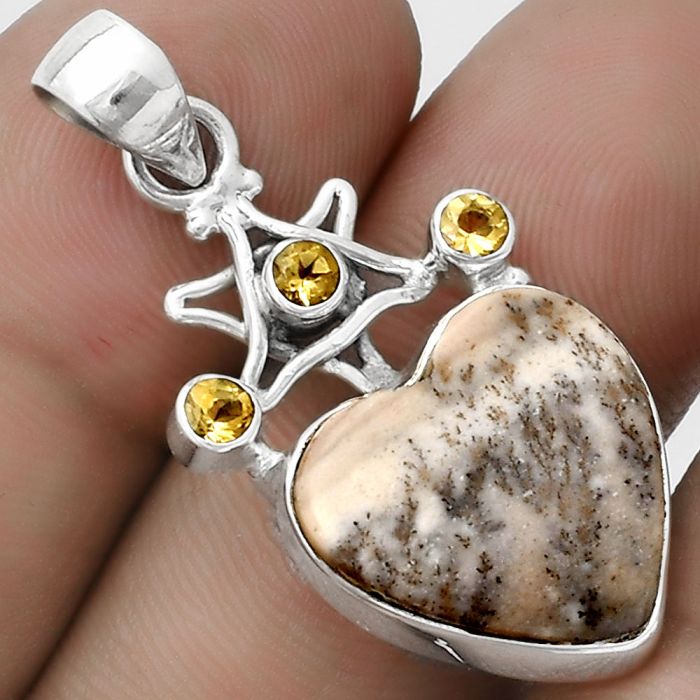 Valentine Gift Star - Heart Dendrite Agate & Citrine Pendant SDP120441 P-1095, 17x17 mm