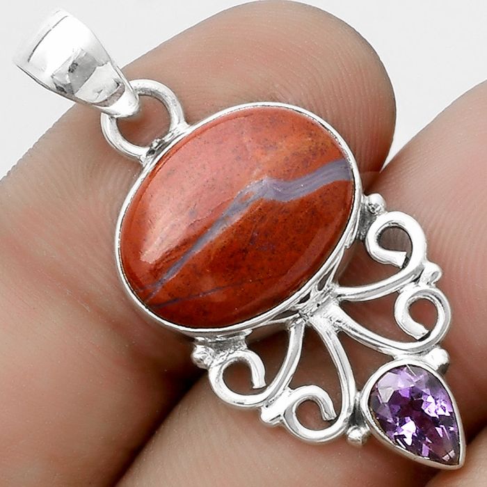 Natural Red Moss Agate & Amethyst Pendant SDP120528 P-1594, 12x16 mm