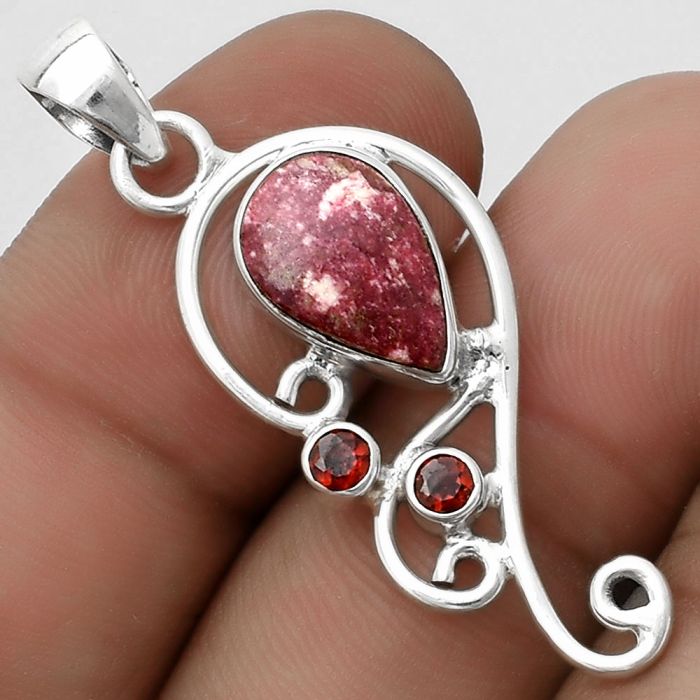 Natural Pink Thulite - Norway & Garnet Pendant SDP120561 P-1039, 8x12 mm