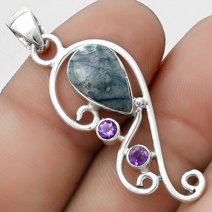 Blue Scheelite - Turkey & Amethyst Pendant SDP120575 P-1039, 8x13 mm