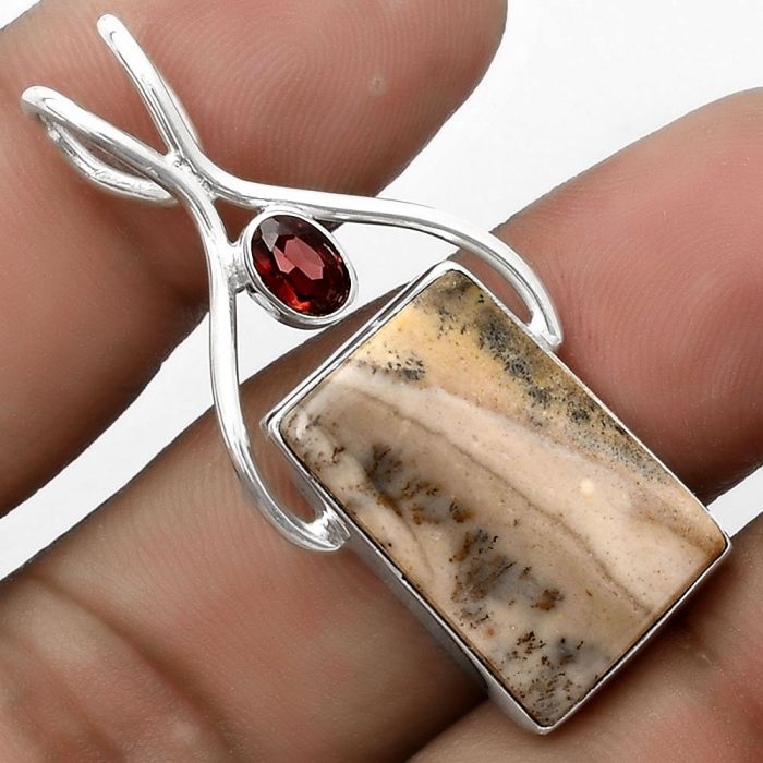 Natural Dendrite Agate & Garnet Pendant SDP120643 P-1038, 14x21 mm