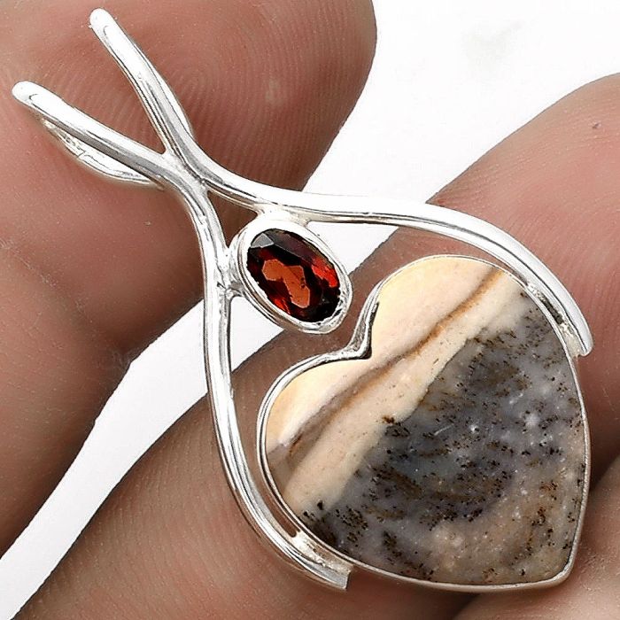 Valentine Gift Heart Natural Dendrite Agate & Garnet Pendant SDP120663 P-1038, 16x17 mm