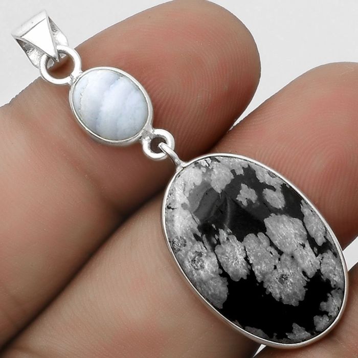 Snow Flake Obsidian & Blue Lace Agate Pendant SDP120792 P-1098, 15x23 mm