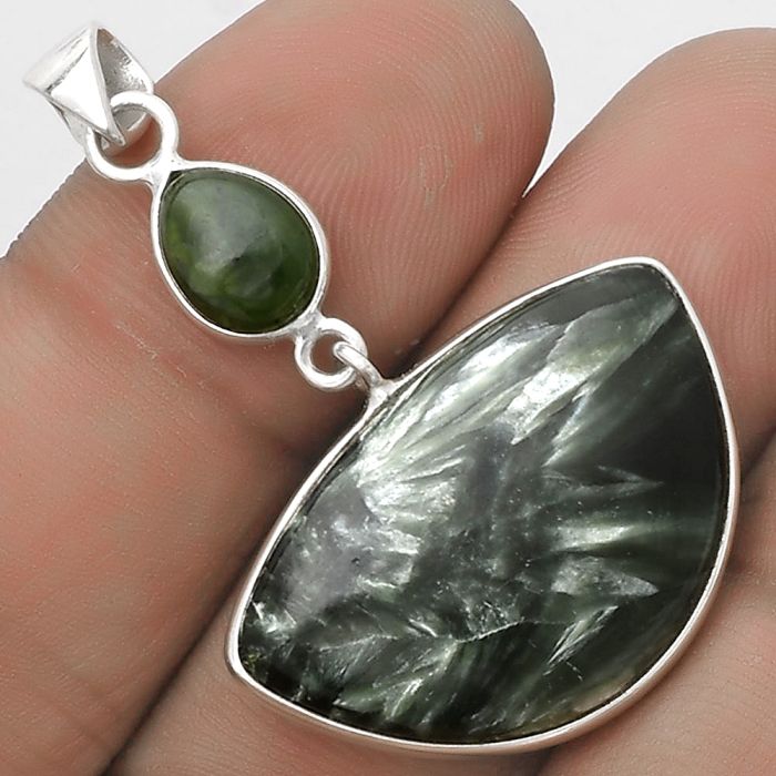 Russian Seraphinite & Chrome Chalcedony Pendant SDP120814 P-1098, 18x28 mm