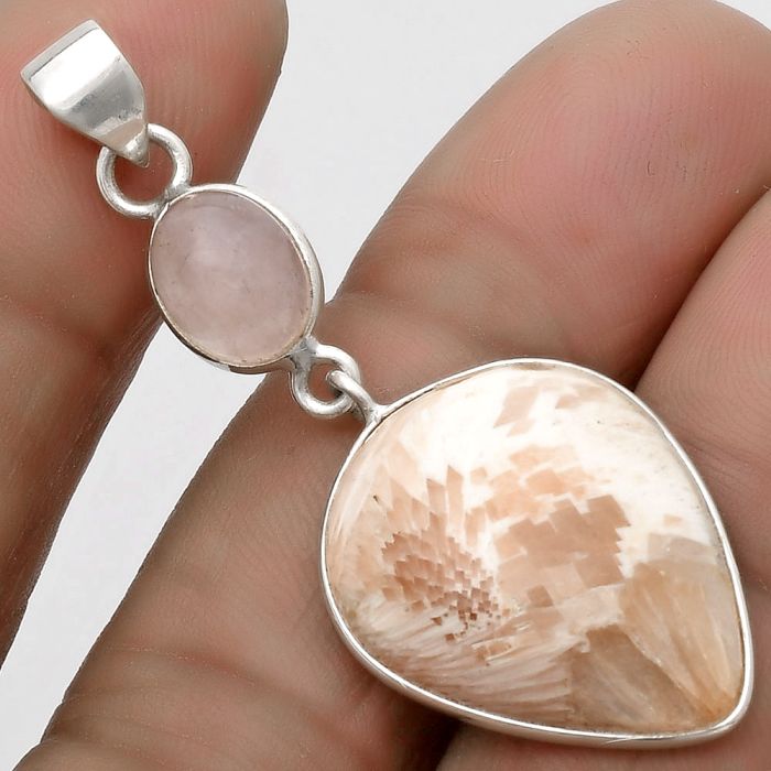 Orange Scolecite - India & Rose Quartz Pendant SDP120851 P-1098, 18x22 mm