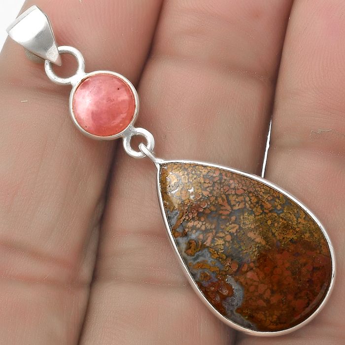 Natural Red Moss Agate & Rhodochrosite Argentina Pendant SDP120864 P-1098, 15x24 mm