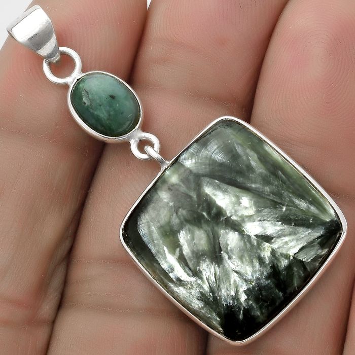 Russian Seraphinite & Larsonite Jasper Pendant SDP120868 P-1098, 21x21 mm