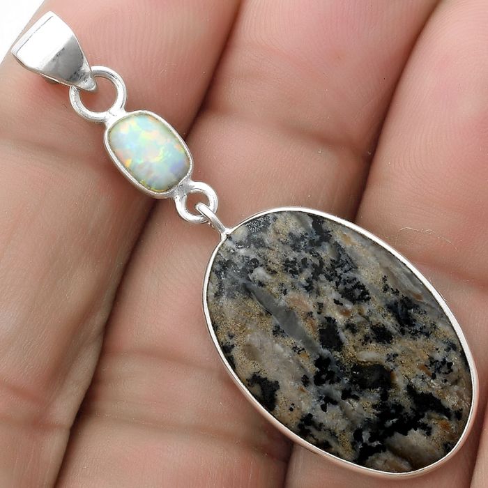 Russian Honey Dendrite Opal & Fire Opal Pendant SDP120891 P-1098, 14x24 mm